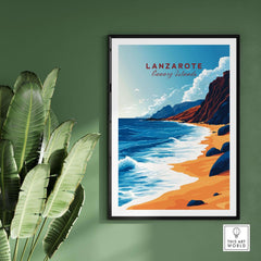 Lanzarote Canary Islands Spain Poster showcasing beautiful ocean and beach scenery, perfect wall art for travel lovers.