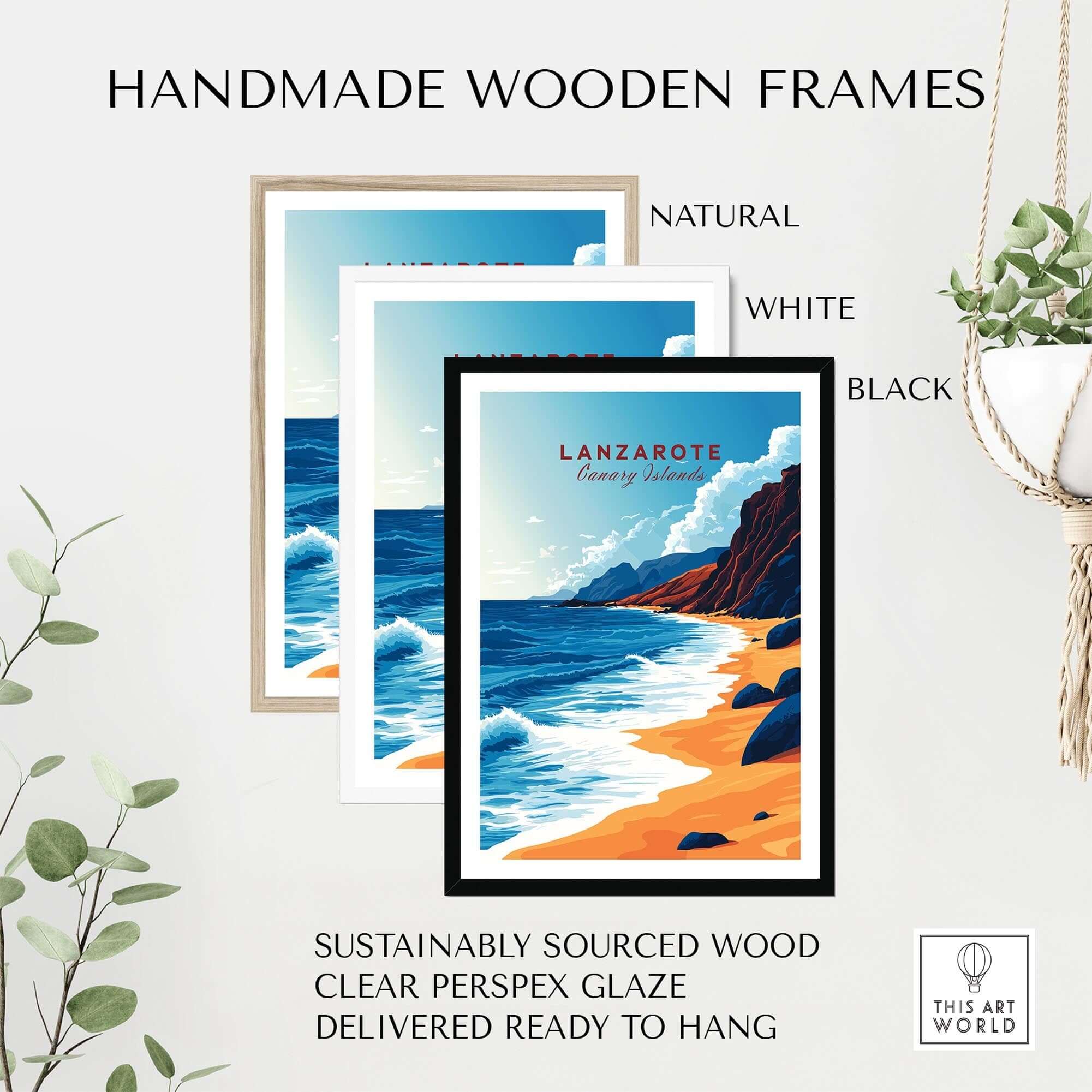 Handmade wooden frames in natural, white, and black for the Lanzarote Canary Islands Spain Poster, ready to hang.