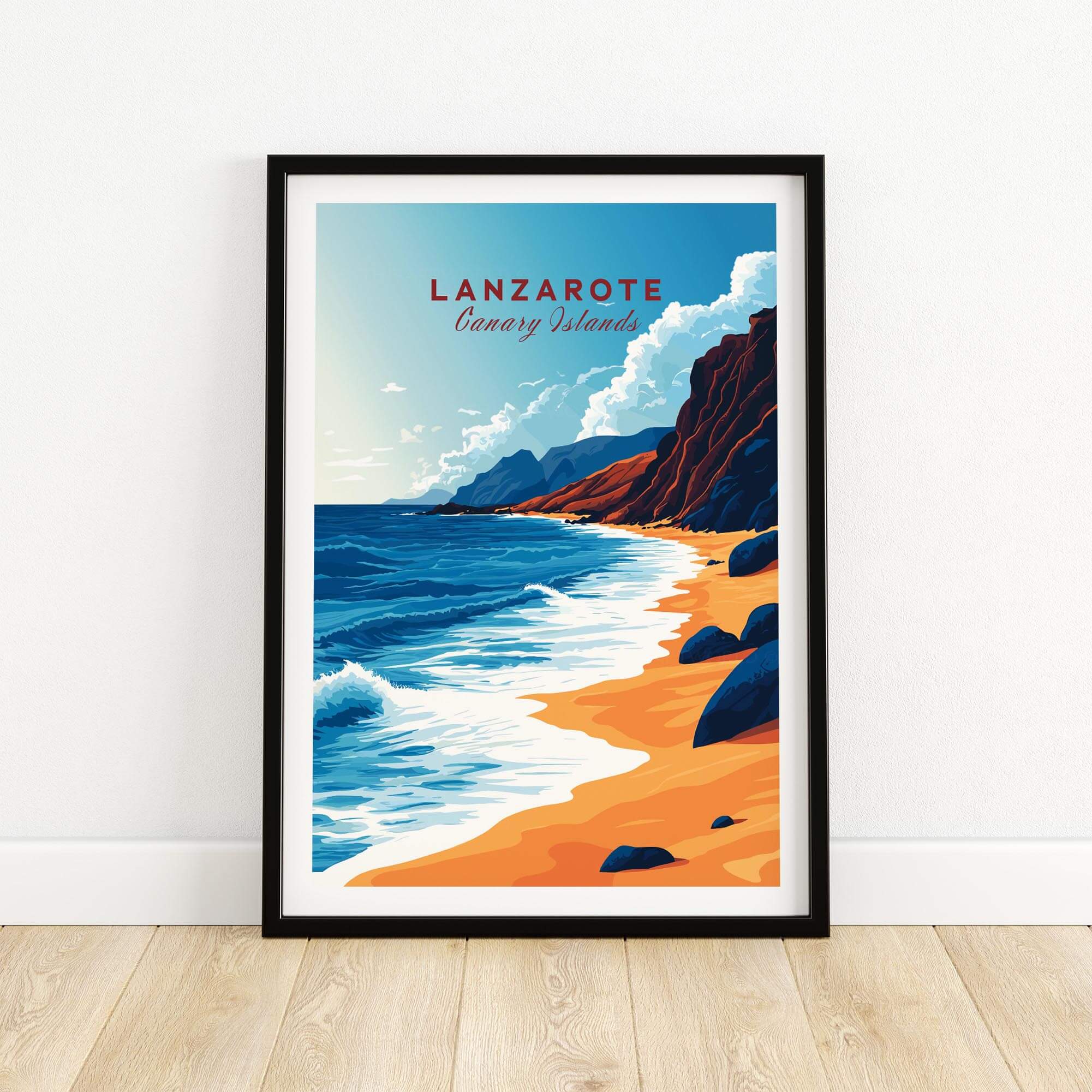 Lanzarote Canary Islands Spain Poster displaying a vibrant beach scene with blue ocean and red cliffs.