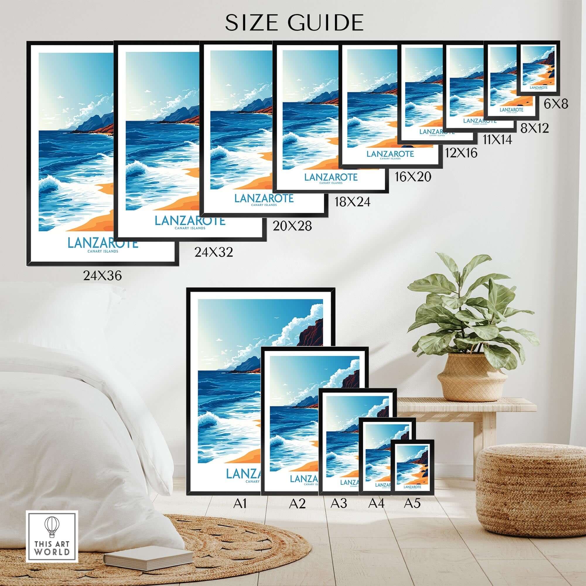 Lanzarote Canary Islands Spain Print size guide showing various frame sizes for the Lanzarote print.