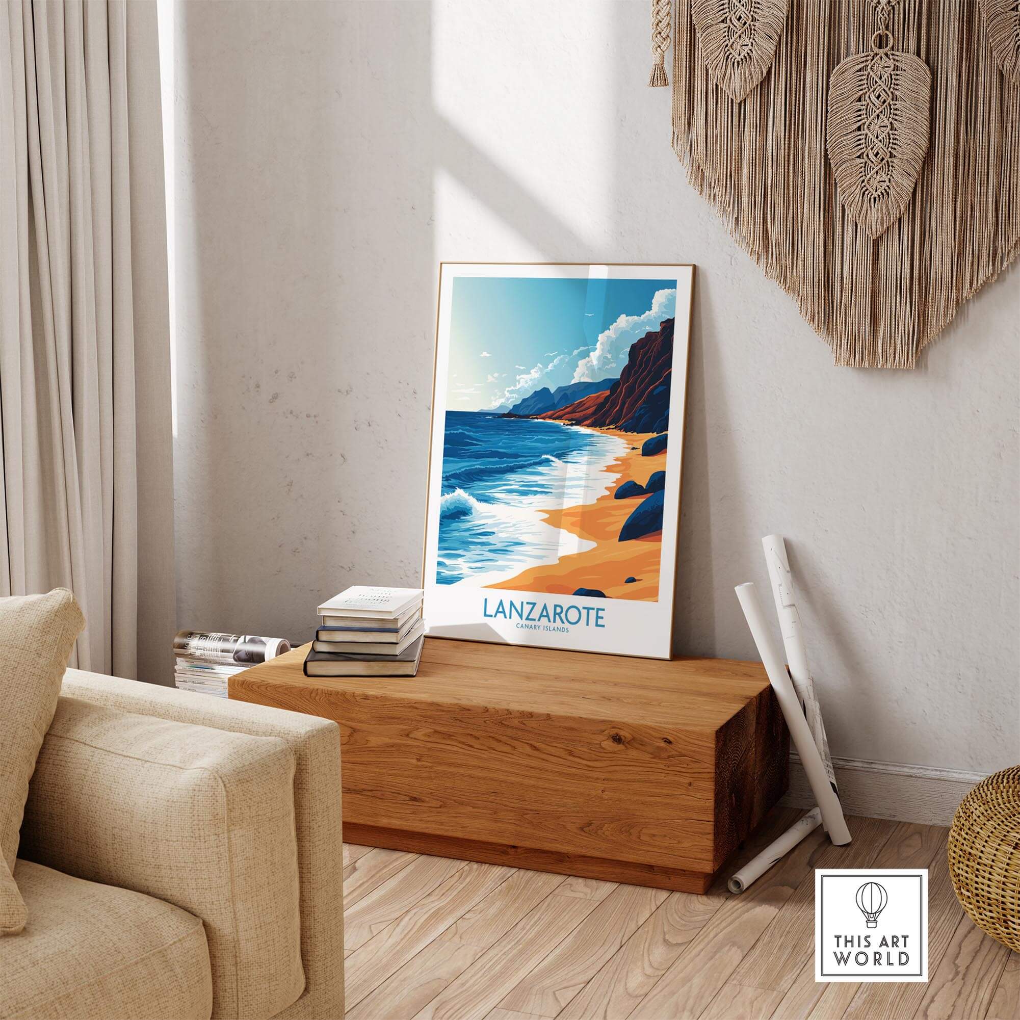 Lanzarote Canary Islands Spain Print showcasing tranquil beach scenery in a stylish home setting.