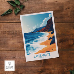 Lanzarote Canary Islands Spain Print showcasing vibrant beach and mountain scenery, perfect for travel enthusiasts.