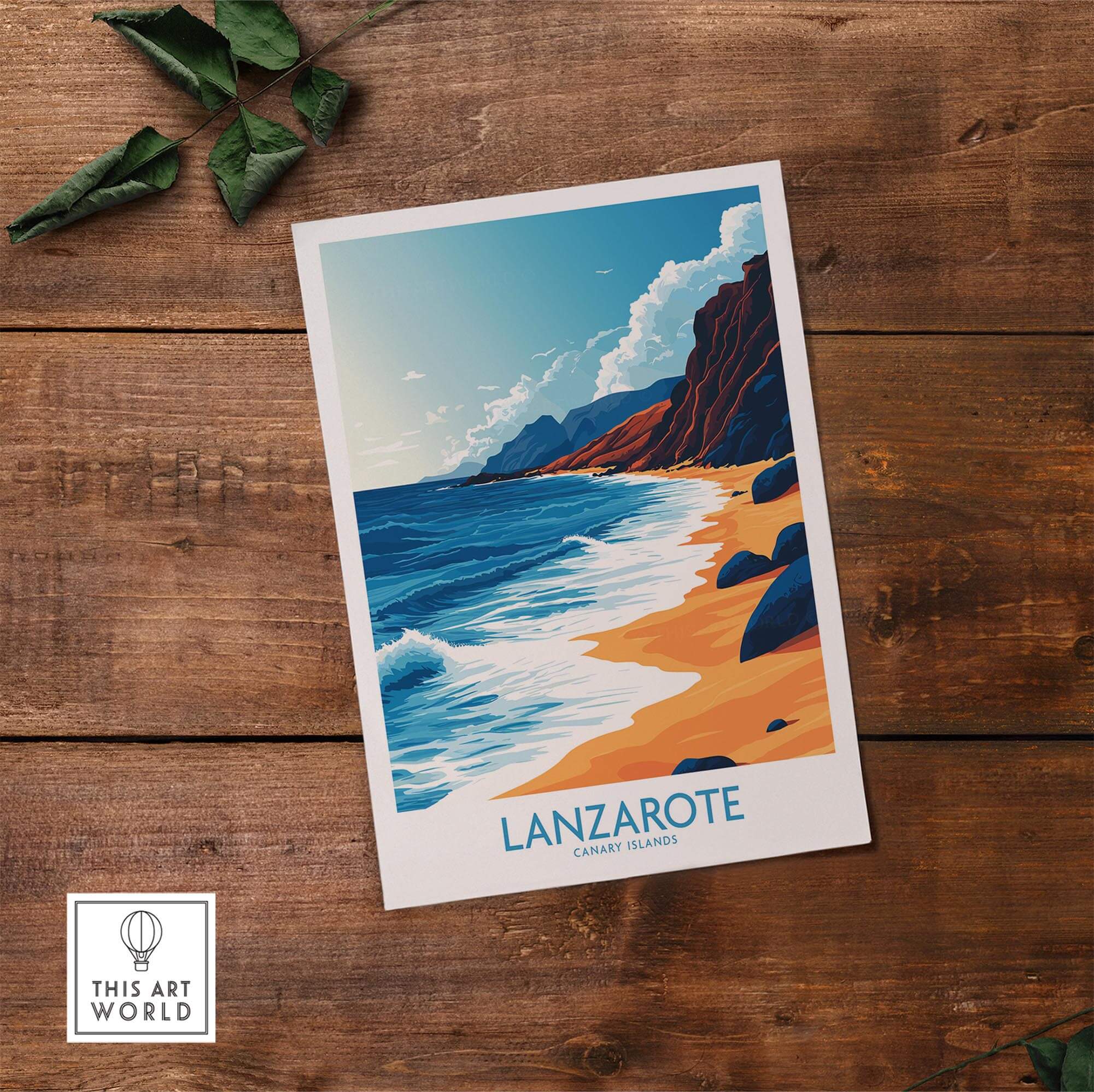 Lanzarote Canary Islands Spain Print showcasing vibrant beach and mountain scenery, perfect for travel enthusiasts.