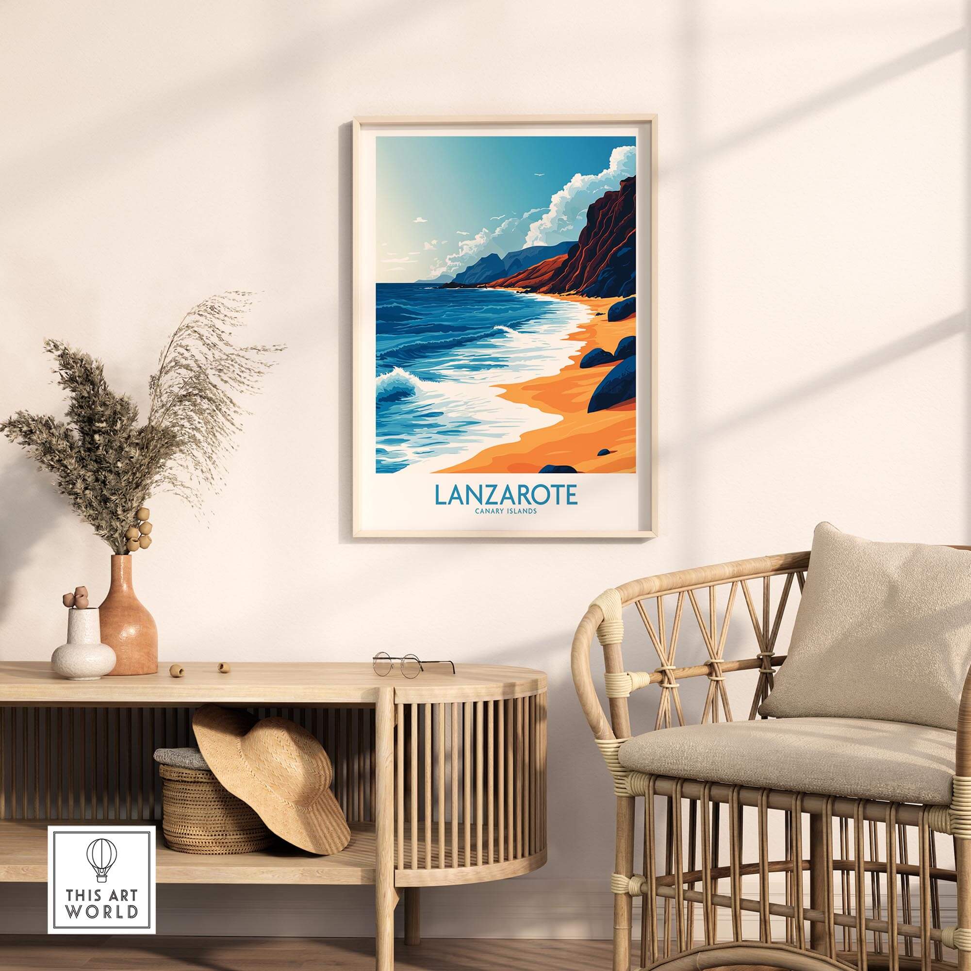 Lanzarote Canary Islands Spain Print displayed in a modern living room setting with coastal beach scenery.