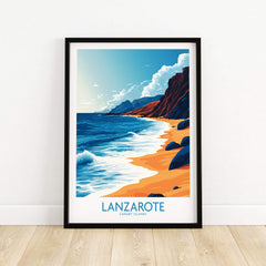 Lanzarote Canary Islands Spain Print showcasing a stunning beach scene with vibrant colors and tranquil atmosphere.