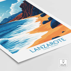 Lanzarote Canary Islands Spain Print showcasing a vibrant beach scene with waves, cliffs, and orange sands.