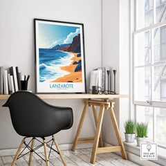 Lanzarote Canary Islands Spain Print displayed in a modern home office setting with scenic beach view.