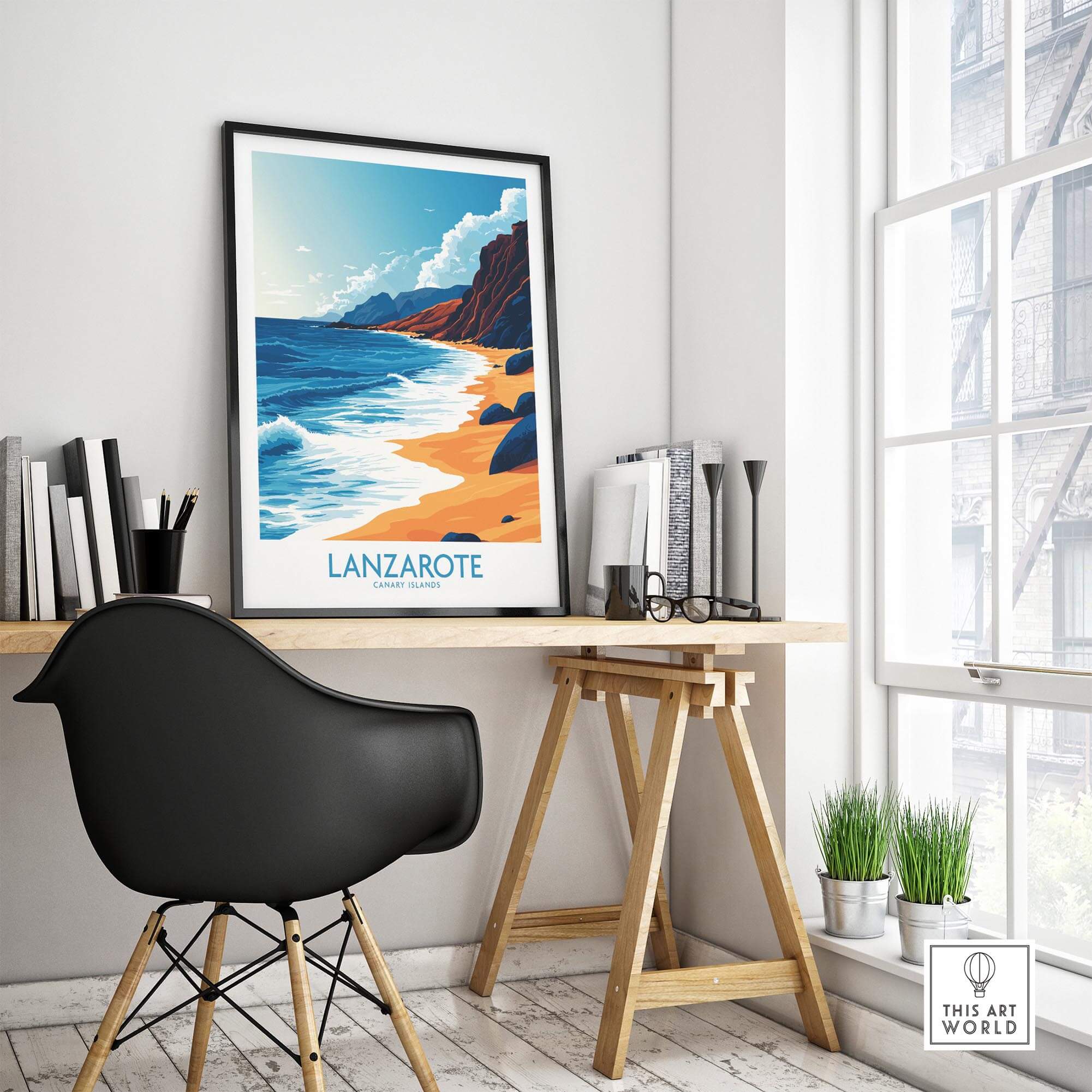 Lanzarote Canary Islands Spain Print displayed in a modern home office setting with scenic beach view.