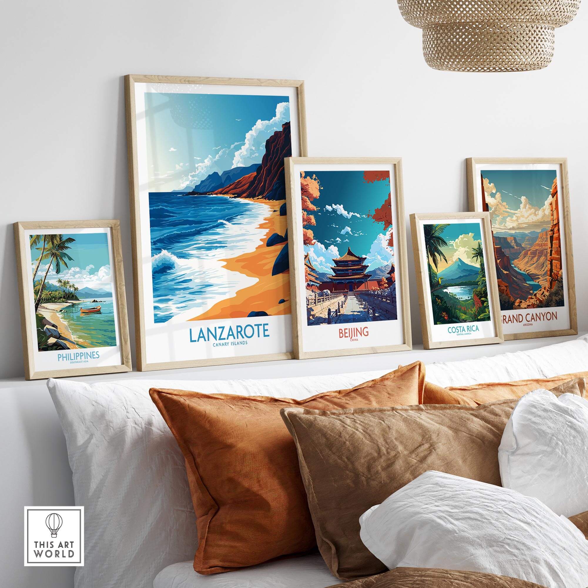 Lanzarote Canary Islands Spain Print showcased among travel posters on a stylish wall display.