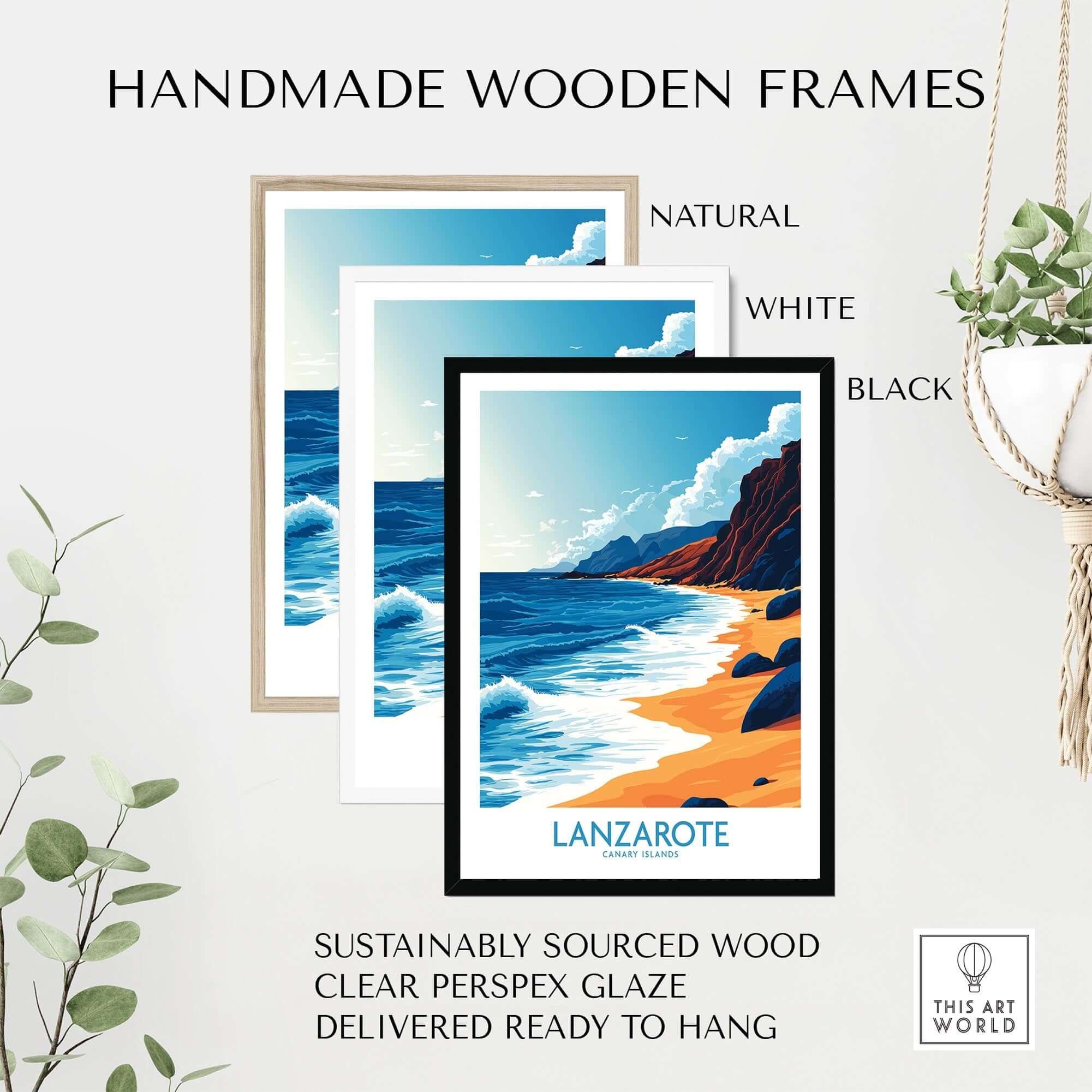 Lanzarote Canary Islands Spain Print in handmade wooden frames, natural, white, and black options.