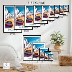 Lanzarote Canary Islands Spain Travel Poster size guide displaying various frame sizes and artwork options.