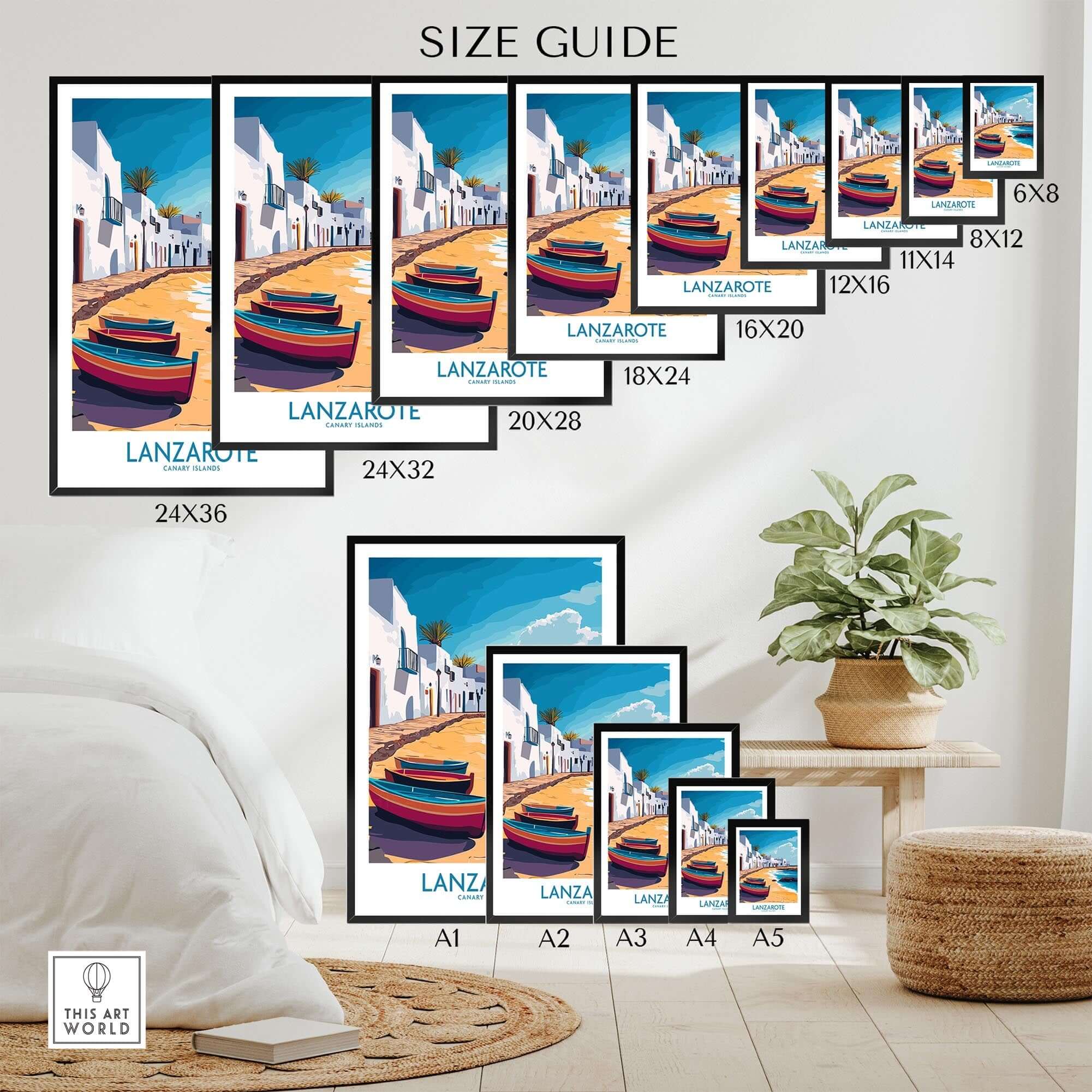 Lanzarote Canary Islands Spain Travel Poster size guide displaying various frame sizes and artwork options.
