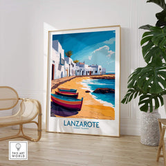 Lanzarote Canary Islands Spain Travel Poster featuring colorful boats and scenic coastal view.