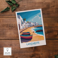 Lanzarote Canary Islands Spain Travel Poster showcasing colorful boats and coastal scenery on a wooden table.