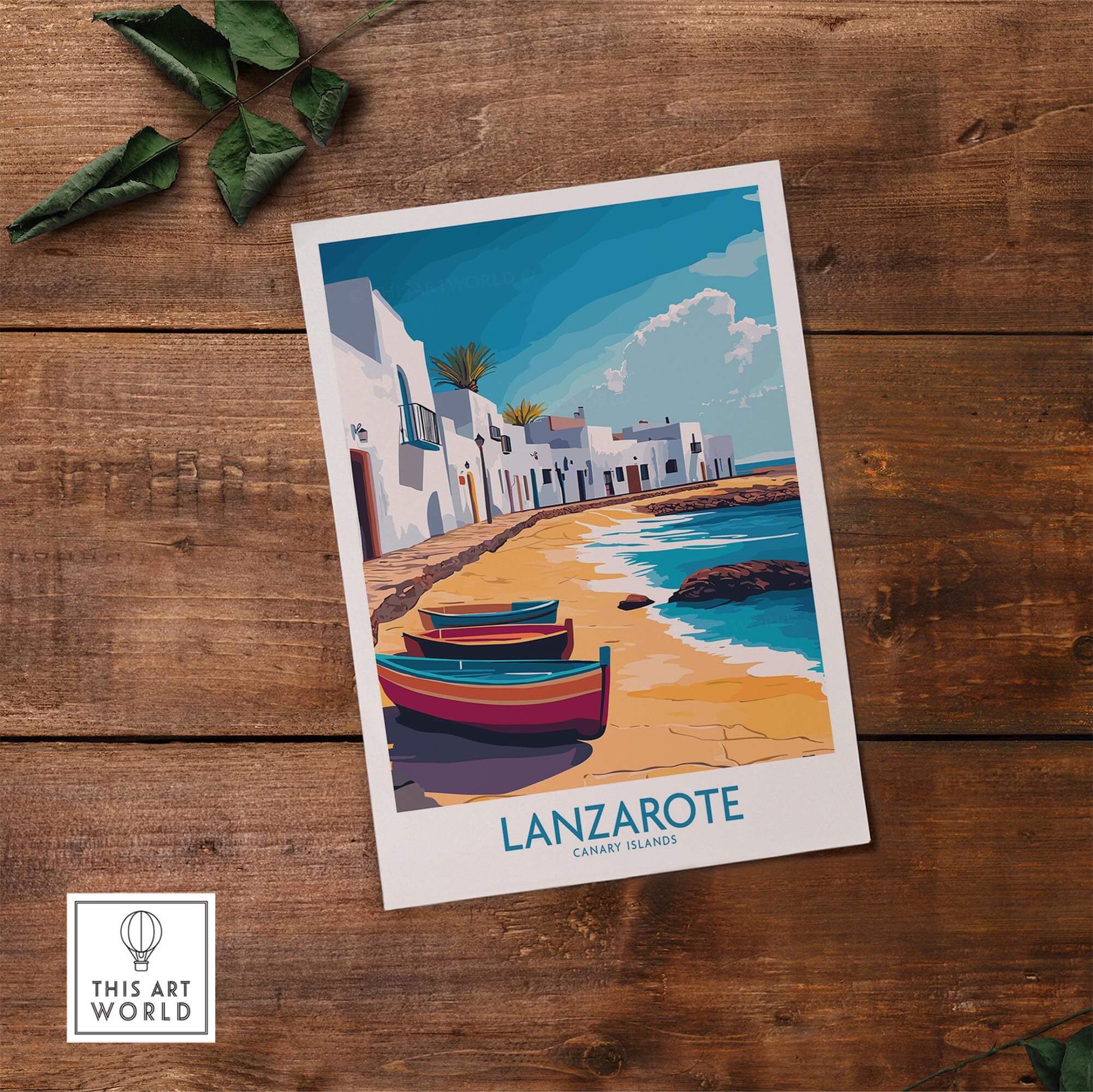 Lanzarote Canary Islands Spain Travel Poster showcasing colorful boats and coastal scenery on a wooden table.