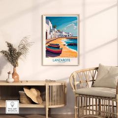Lanzarote Canary Islands Spain Travel Poster showcasing colorful boats and scenic coastal views.