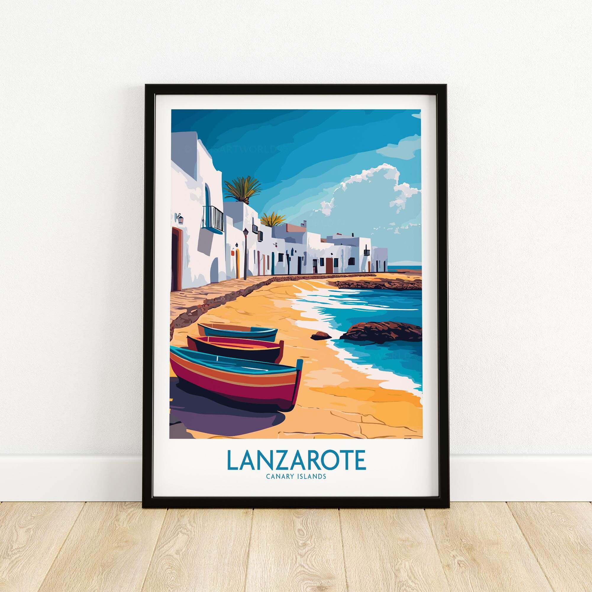 Lanzarote Canary Islands Spain Travel Poster showcasing colorful boats and picturesque coastline.