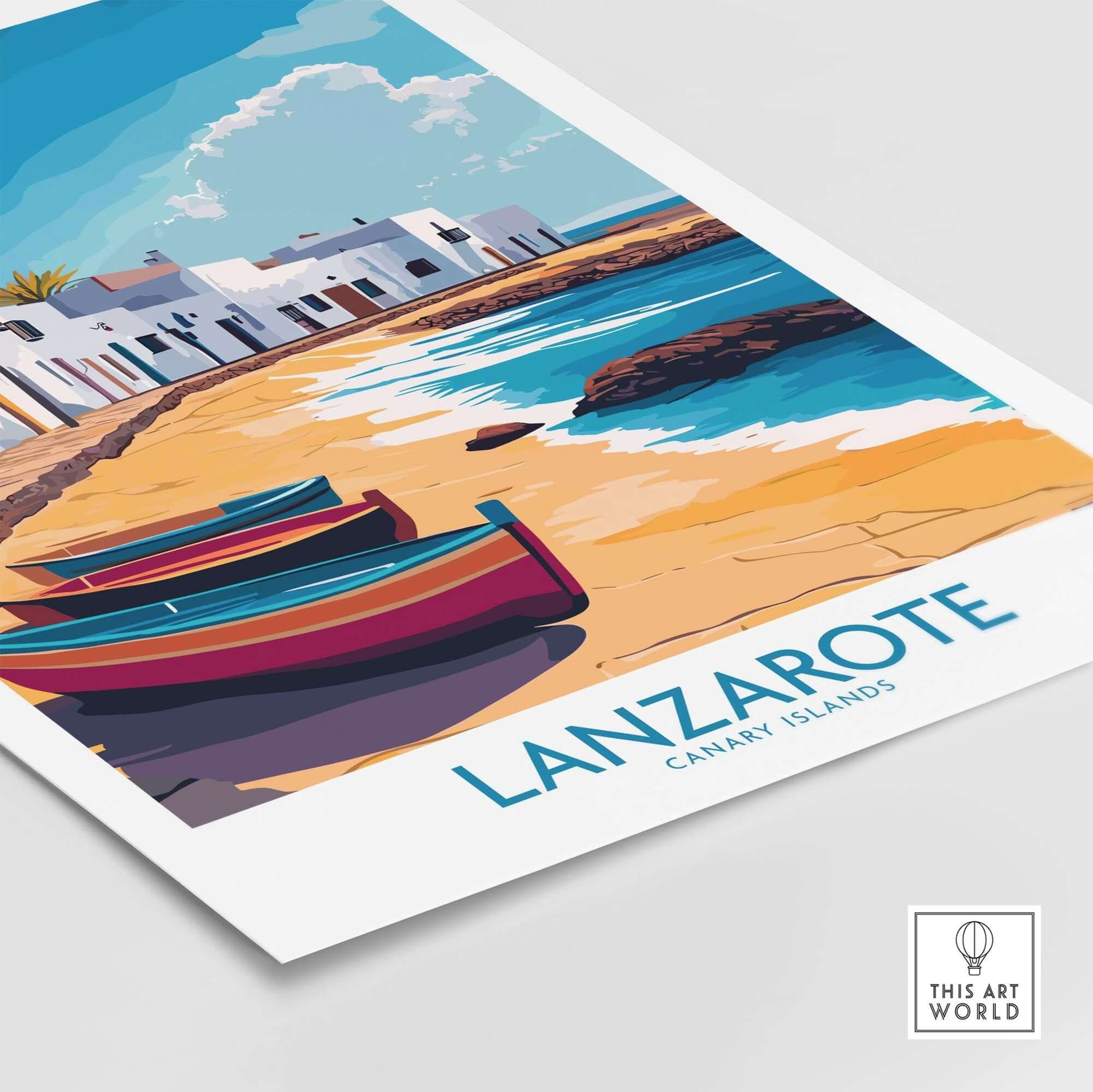Lanzarote Canary Islands Spain Travel Poster featuring boats on the beach and stunning landscape.
