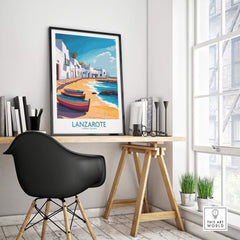 Lanzarote Canary Islands Spain Travel Poster displayed in a stylish room, featuring vibrant colors and coastal scenery.
