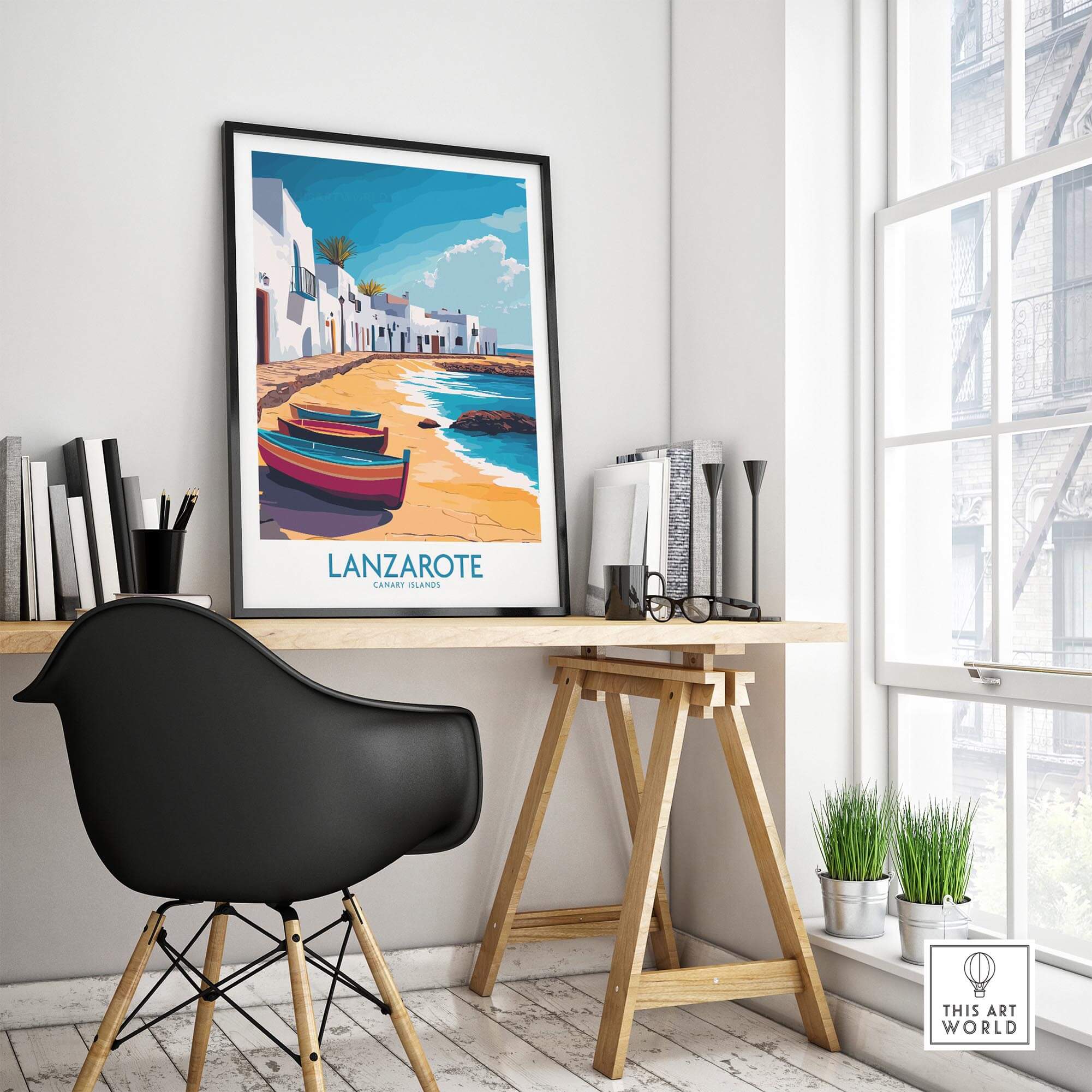Lanzarote Canary Islands Spain Travel Poster displayed in a stylish room, featuring vibrant colors and coastal scenery.