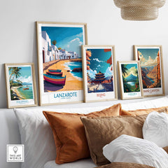 Lanzarote Canary Islands Spain Travel Poster displayed among other travel posters in a modern home.