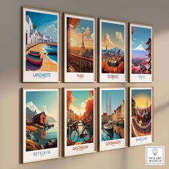Lanzarote Canary Islands Spain Travel Poster and eight other city travel posters on a wall.