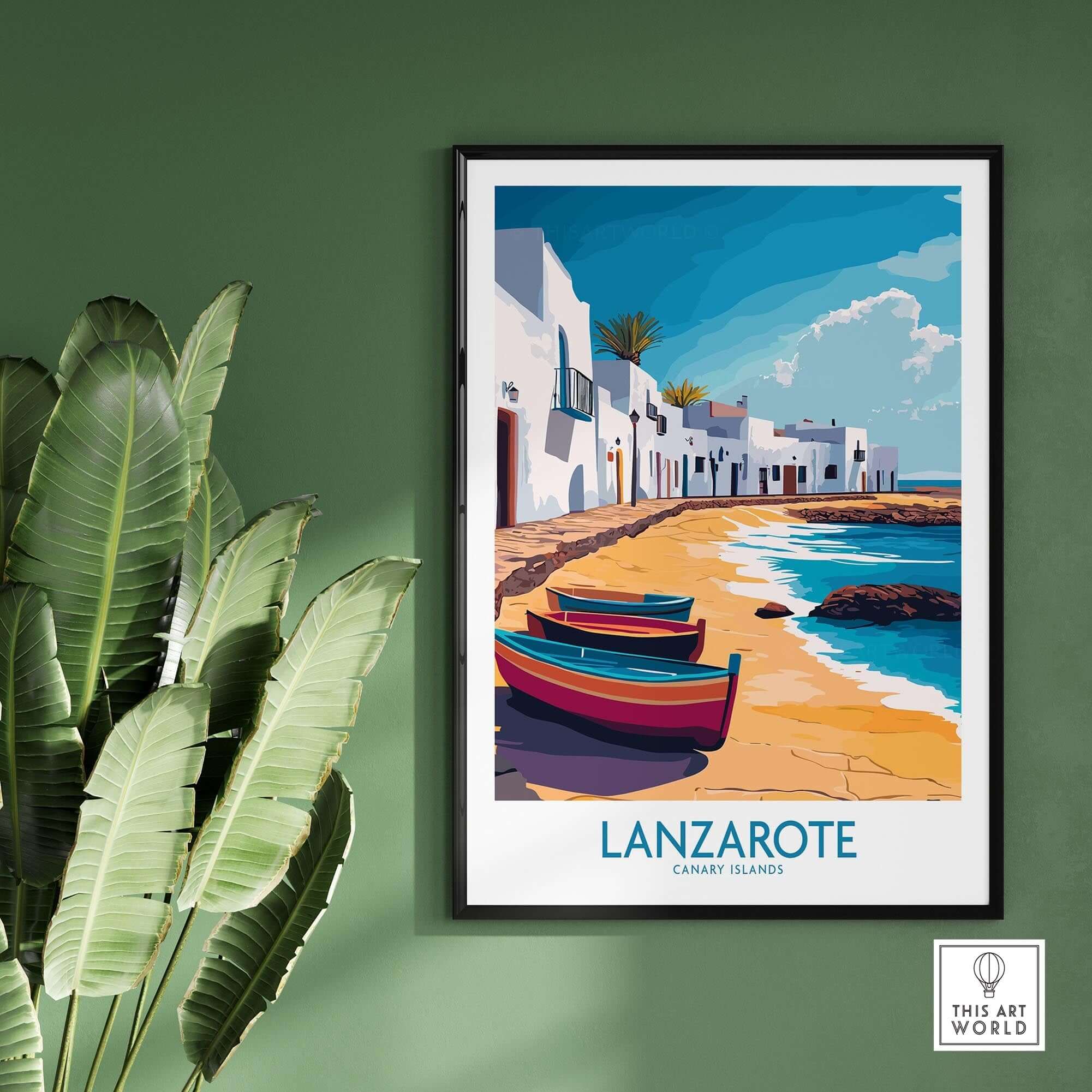 Lanzarote Canary Islands Spain Travel Poster featuring beautiful coastal scenery and colorful boats.