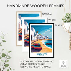 Lanzarote Canary Islands Spain Travel Poster framed in natural, white, and black handmade wooden frames.