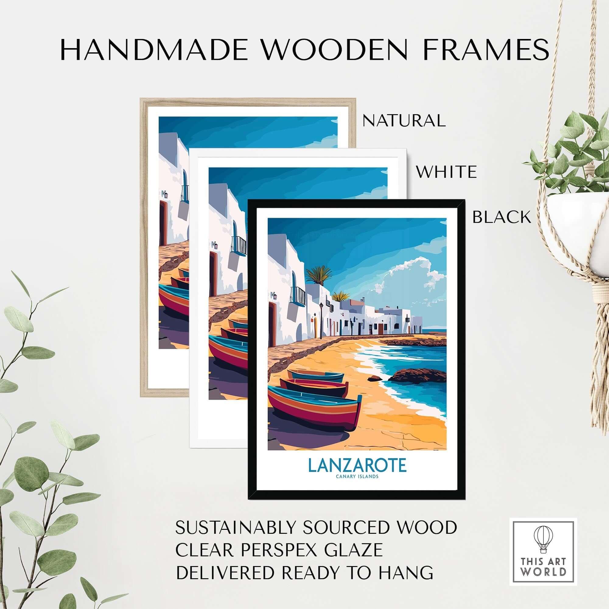 Lanzarote Canary Islands Spain Travel Poster framed in natural, white, and black handmade wooden frames.