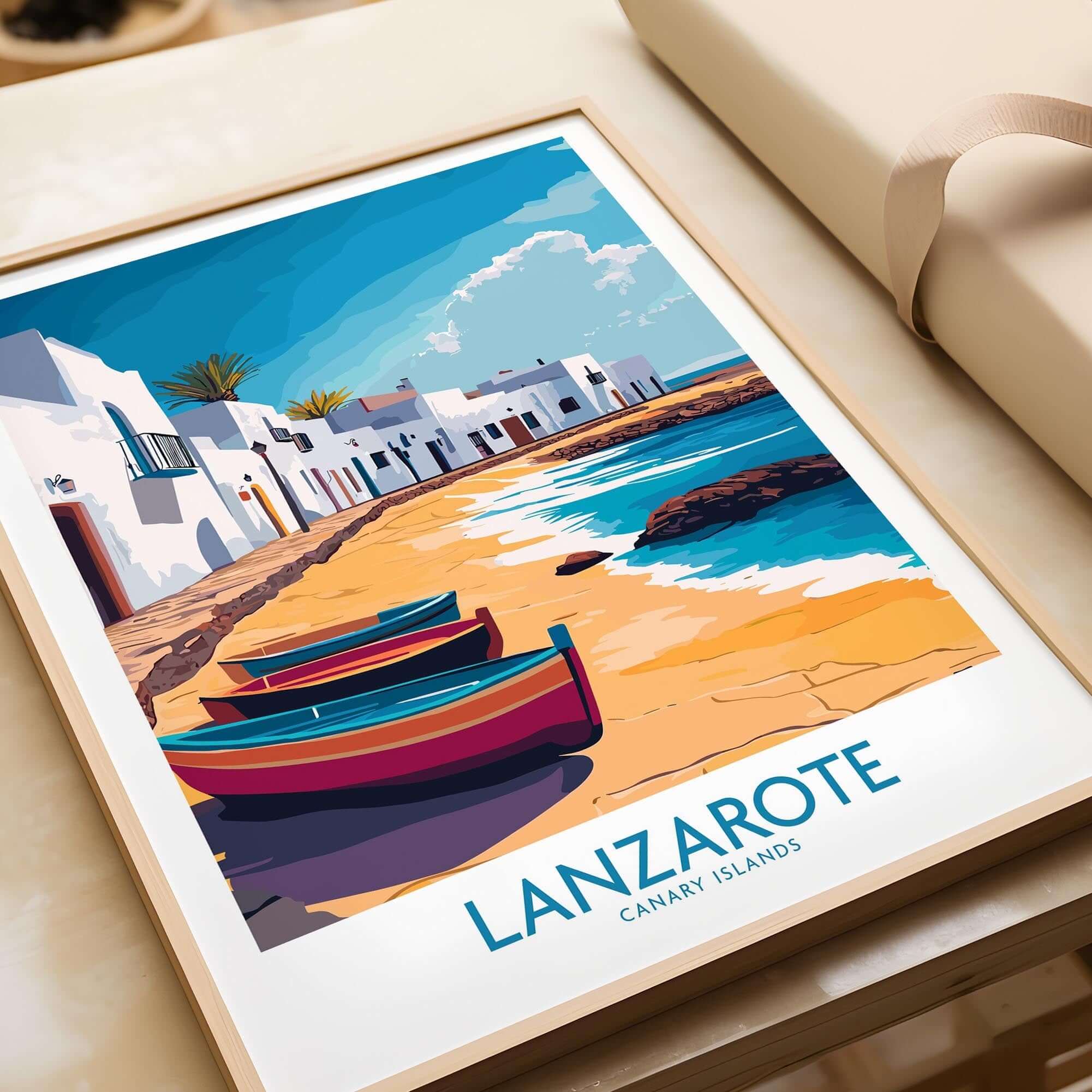 Lanzarote Canary Islands Spain Travel Poster featuring colorful boats on a sandy beach.