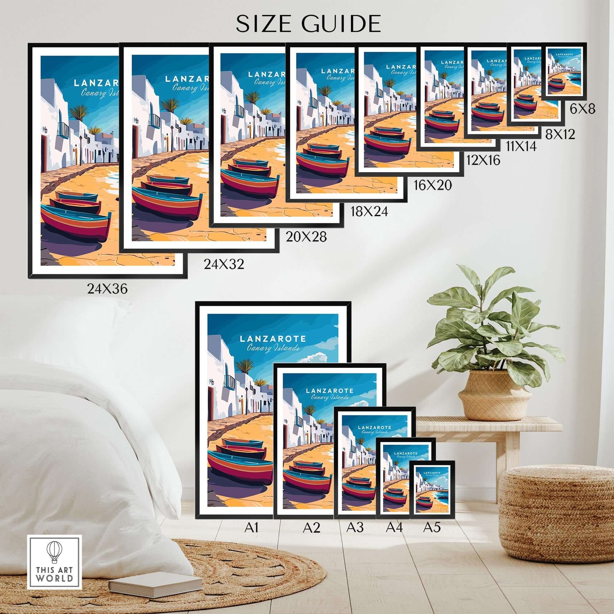 Lanzarote Canary Islands Spain Travel Print size guide showcasing various framed options on a stylish wall.