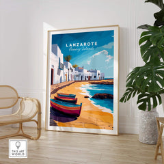 Lanzarote Canary Islands Spain Travel Print showcasing vibrant beach scenery and colorful boats.