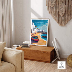 Lanzarote Canary Islands Spain Travel Print displayed in a modern living room setting with vibrant colors.