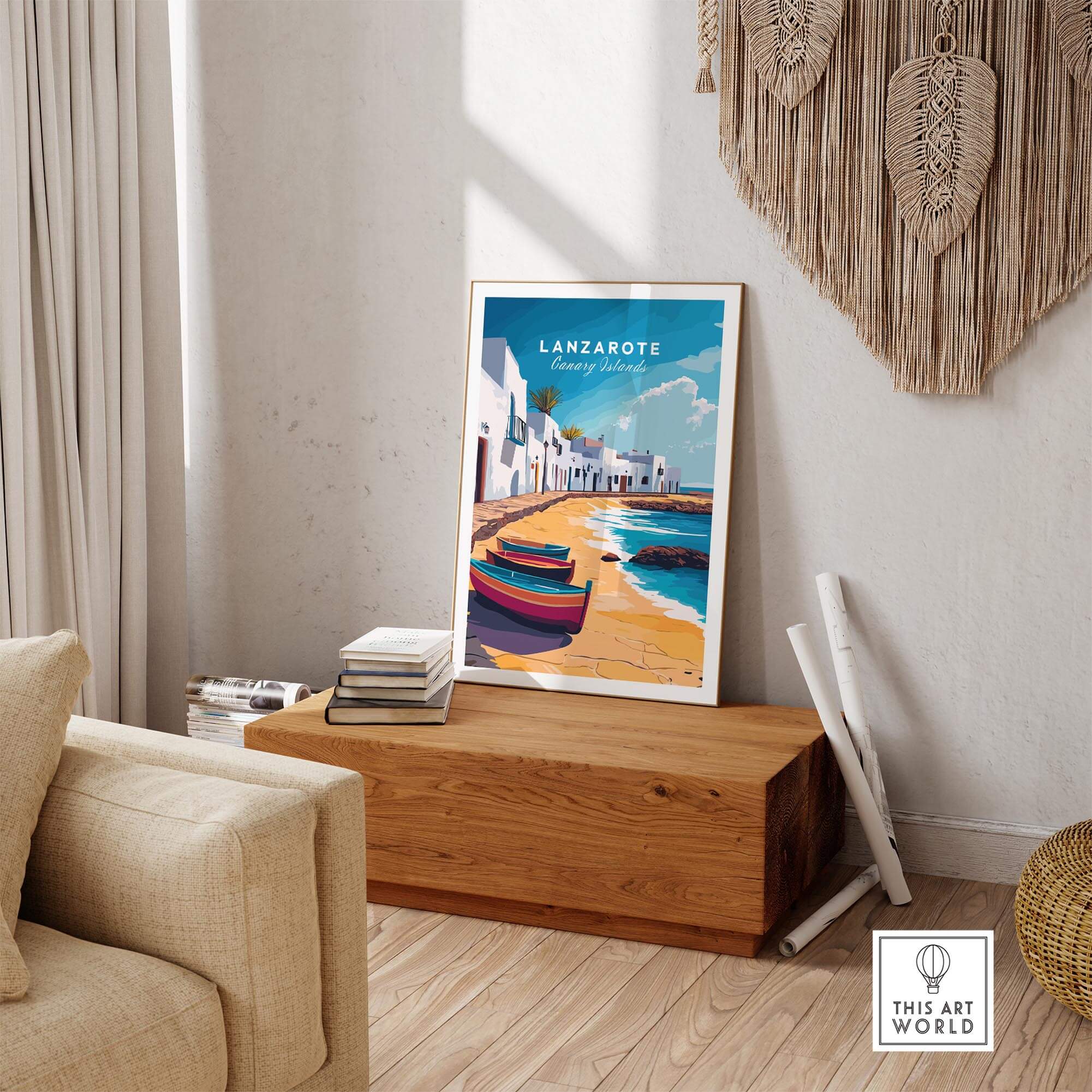 Lanzarote Canary Islands Spain Travel Print displayed in a modern living room setting with vibrant colors.