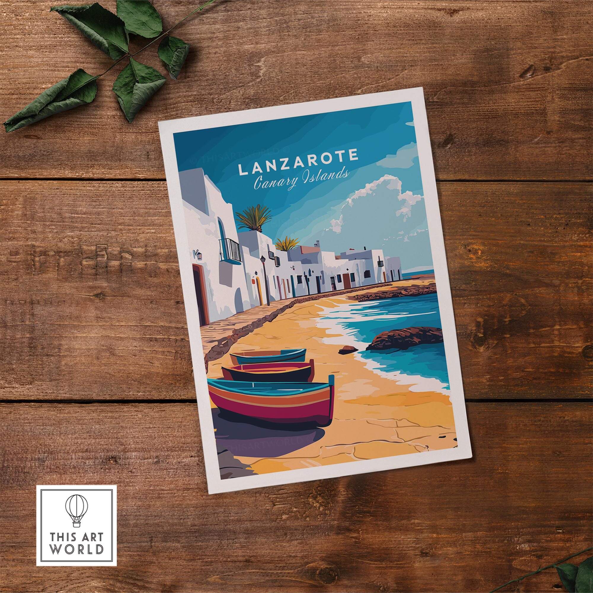 Lanzarote Canary Islands Spain Travel Print showcasing colorful boats on a sandy beach with white buildings.