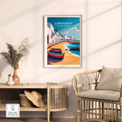 Lanzarote Canary Islands Spain Travel Print showcasing boats along a beautiful shore and vibrant architecture.