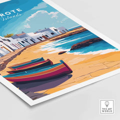 Lanzarote Canary Islands Spain Travel Print showcasing colorful boats on a beautiful beach with coastal houses.