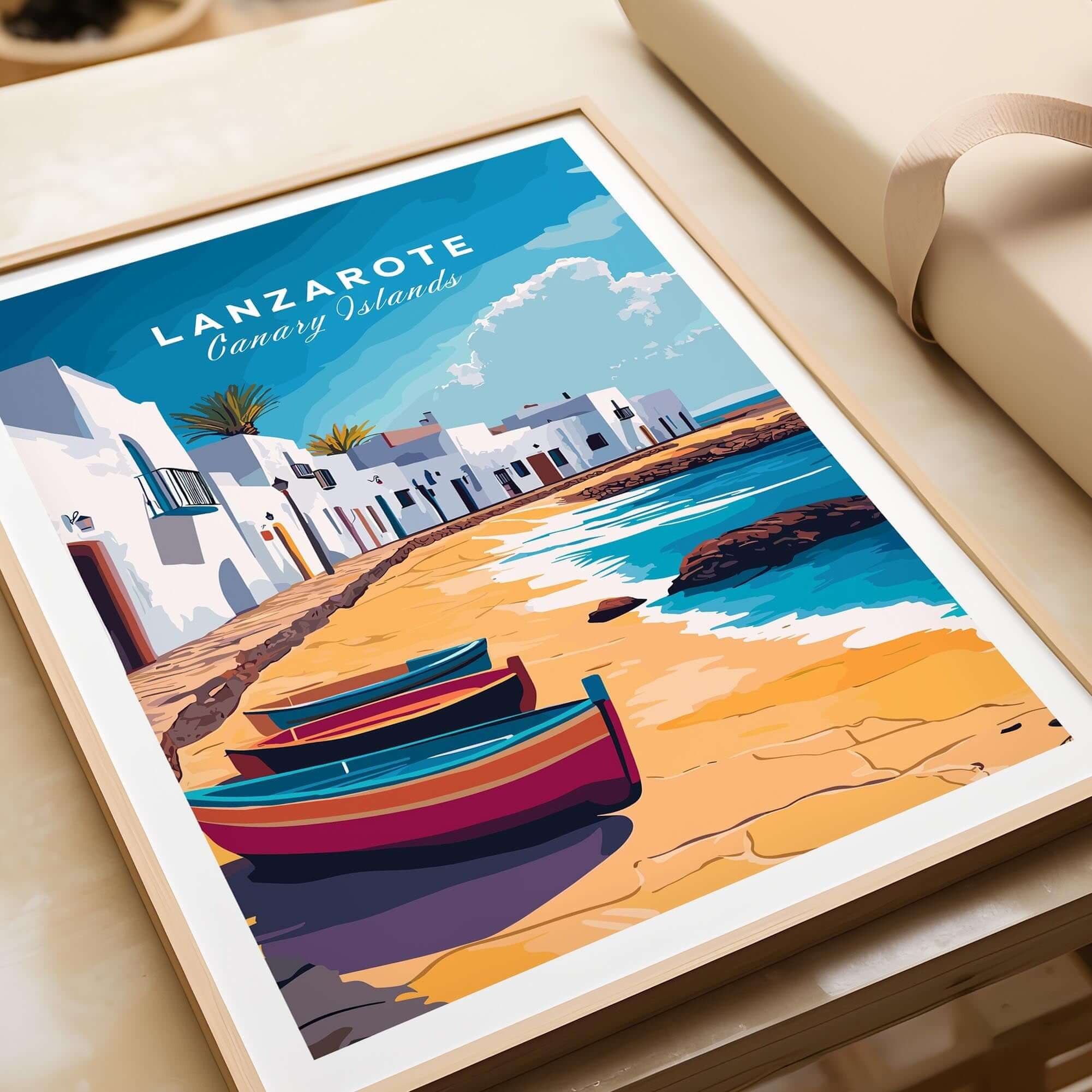 Lanzarote Canary Islands Spain Travel Print showcasing vibrant beach scene with boats and white buildings.