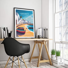 Lanzarote Canary Islands Spain Travel Print displayed in a modern interior with a desk and stylish chair.