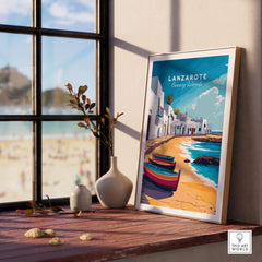 Lanzarote Canary Islands Spain Travel Print showcasing a coastal scene with vibrant boats and a sunny beach view.