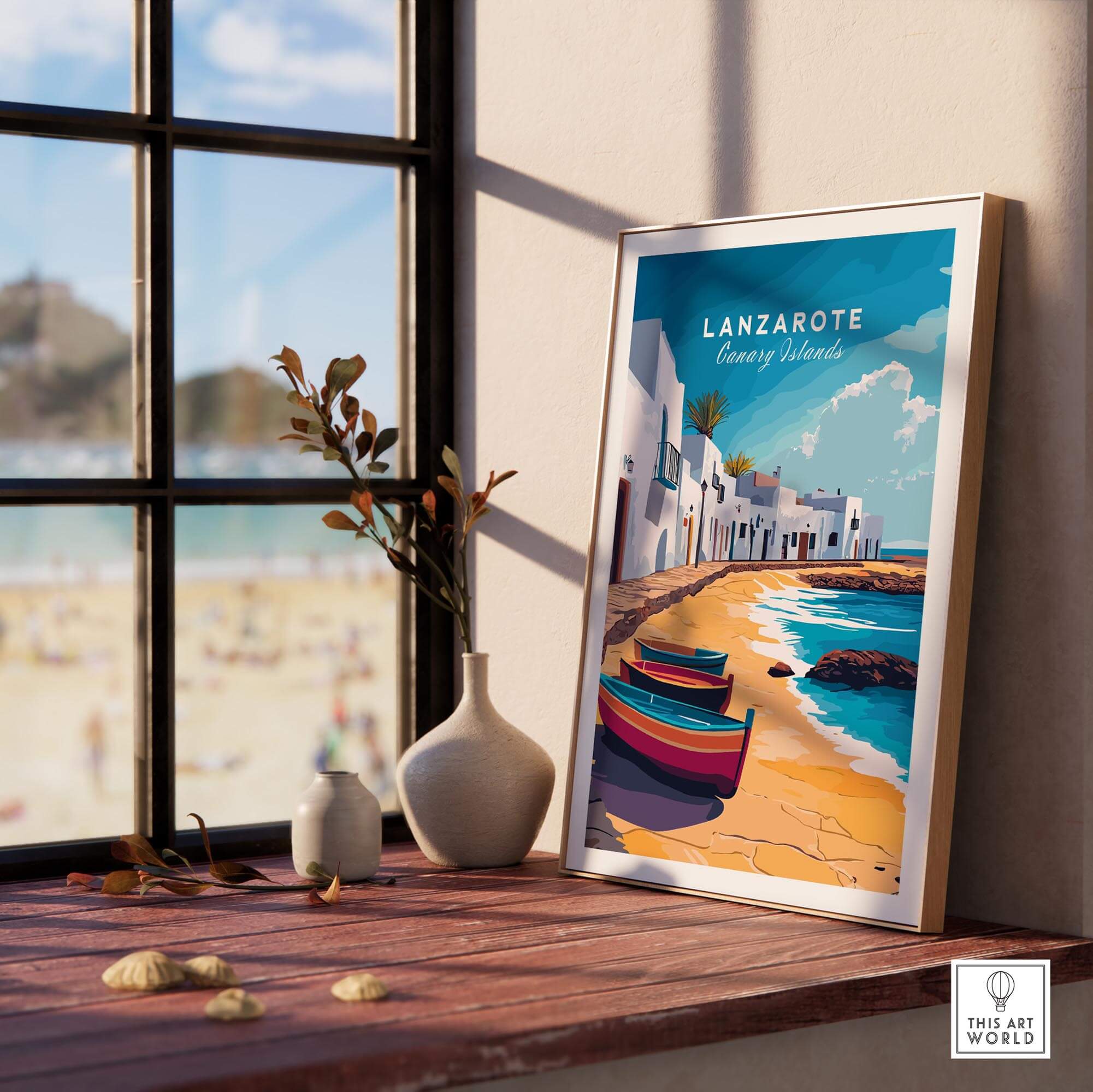 Lanzarote Canary Islands Spain Travel Print showcasing a coastal scene with vibrant boats and a sunny beach view.