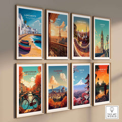 Lanzarote Canary Islands Spain Travel Print featuring vibrant travel posters from various cities.