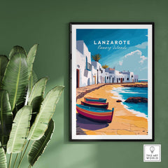 Lanzarote Canary Islands Spain Travel Print featuring vibrant coastline and traditional boats.