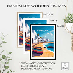 Handmade wooden frames for Lanzarote Canary Islands Spain Travel Print, available in natural, white, and black.