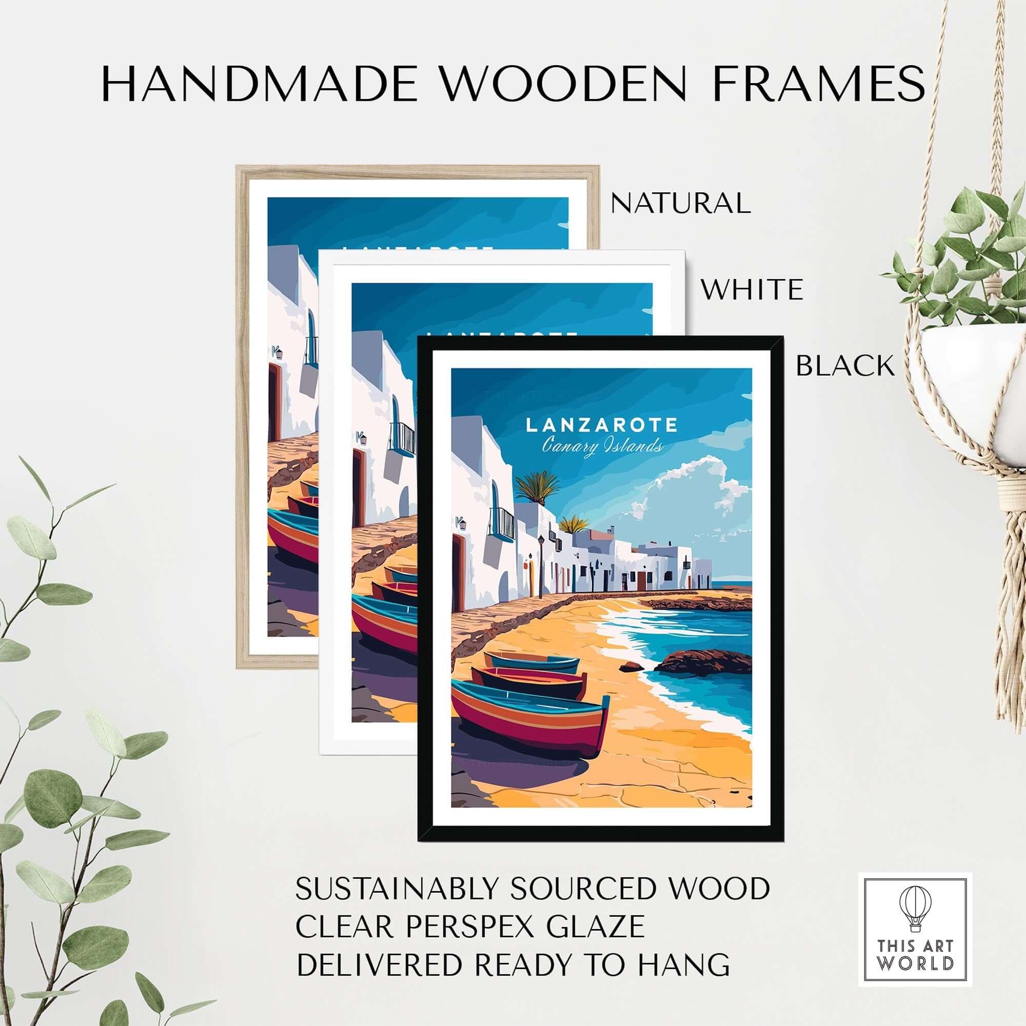 Handmade wooden frames for Lanzarote Canary Islands Spain Travel Print, available in natural, white, and black.