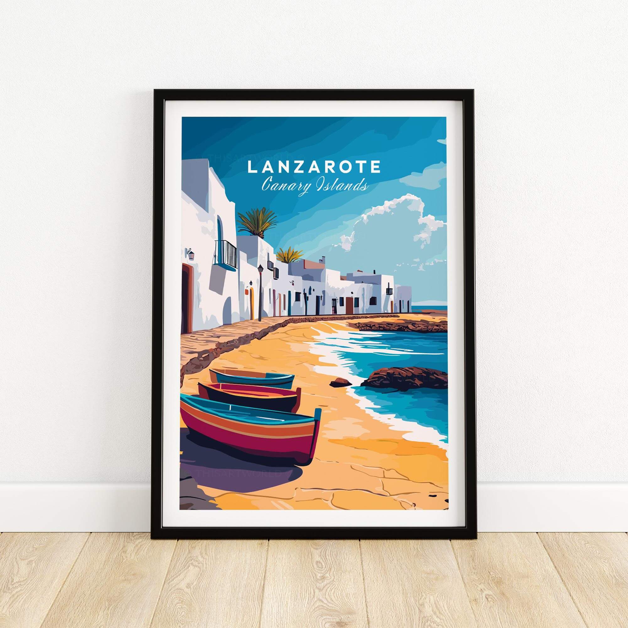 Lanzarote Canary Islands Spain Travel Print featuring vibrant beach scene with boats and coastal architecture.