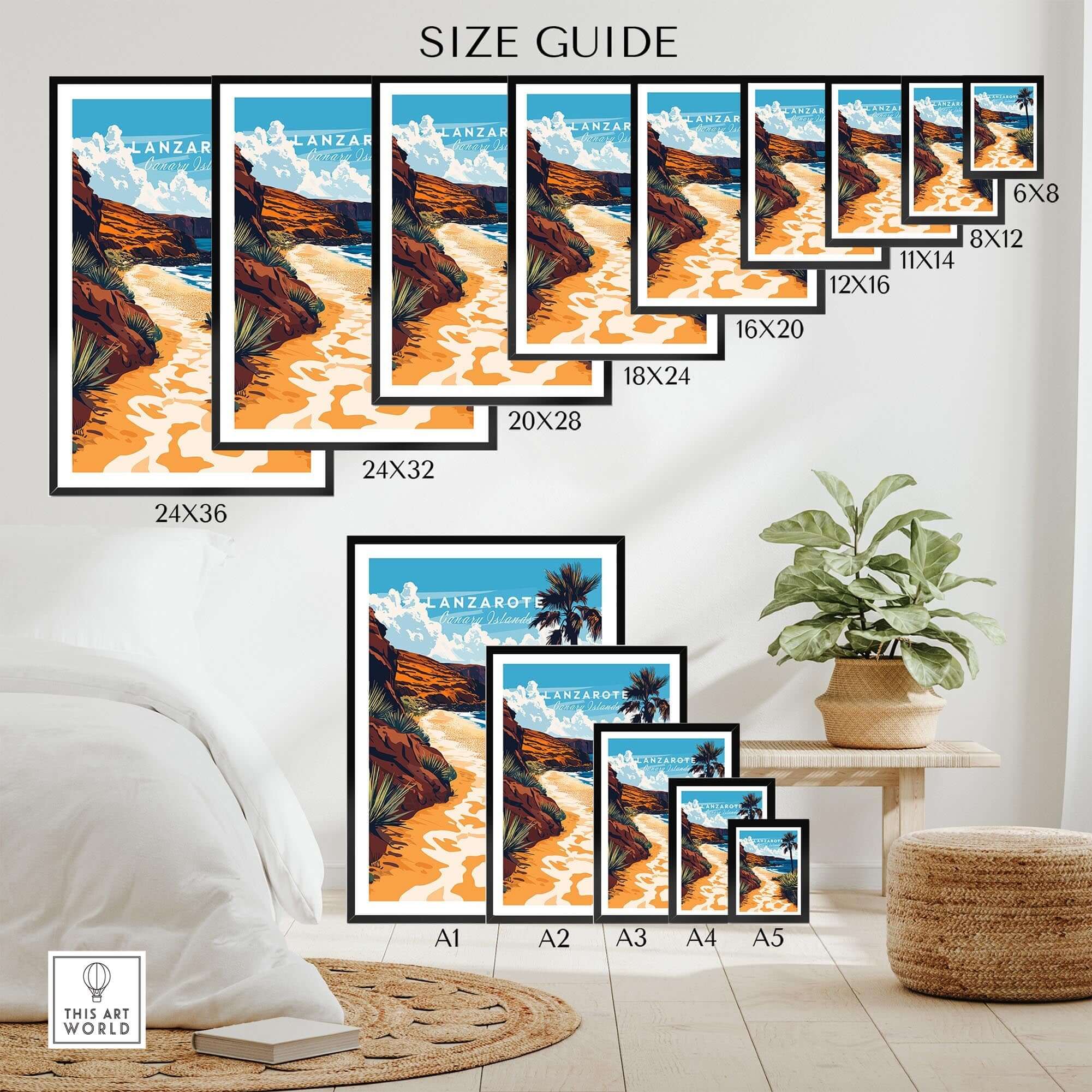 Lanzarote Canary Islands Spain Wall Art size guide showcasing various framed versions of the artwork for home decor.