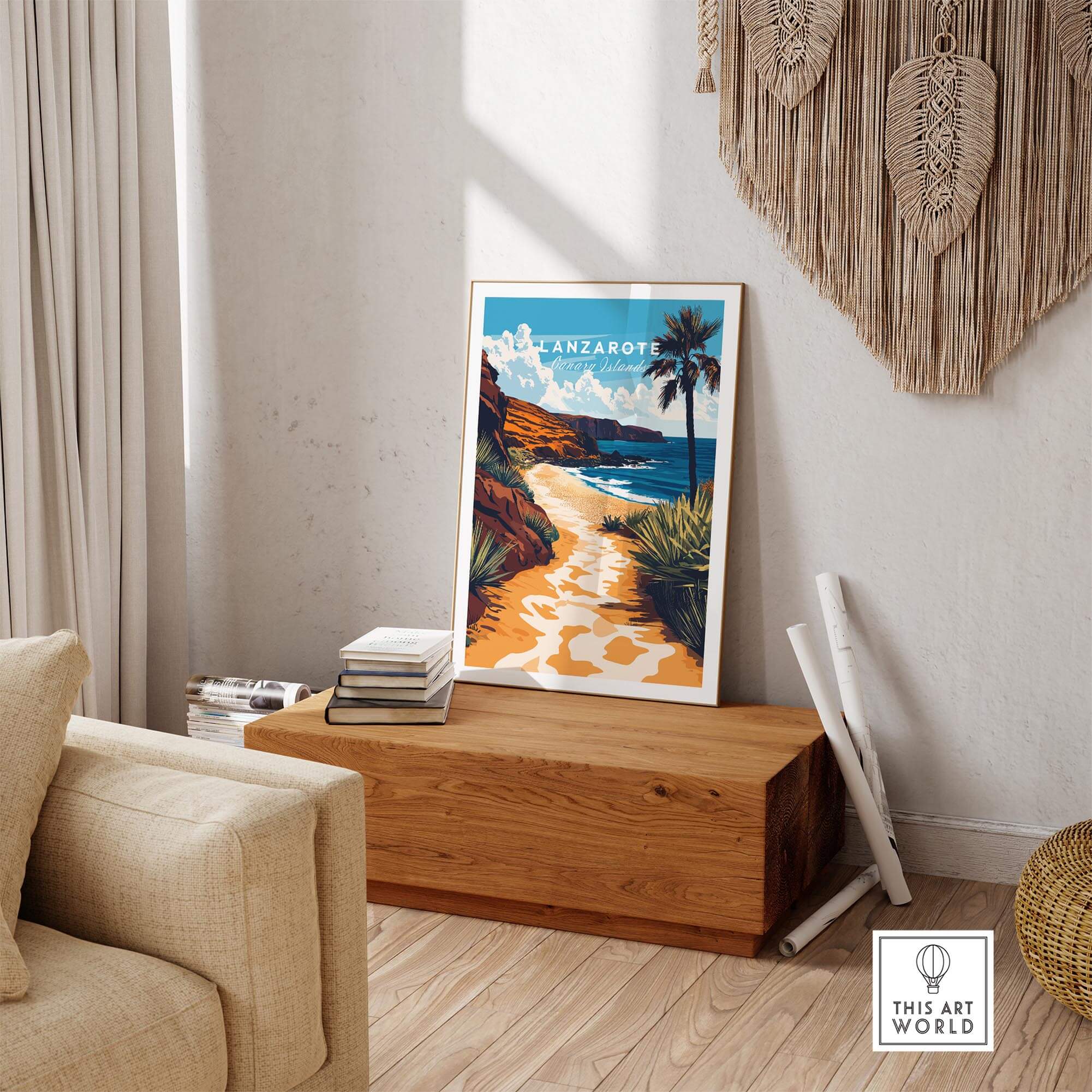 Lanzarote Canary Islands Spain Wall Art displayed in a cozy living room setting with a beach scene.