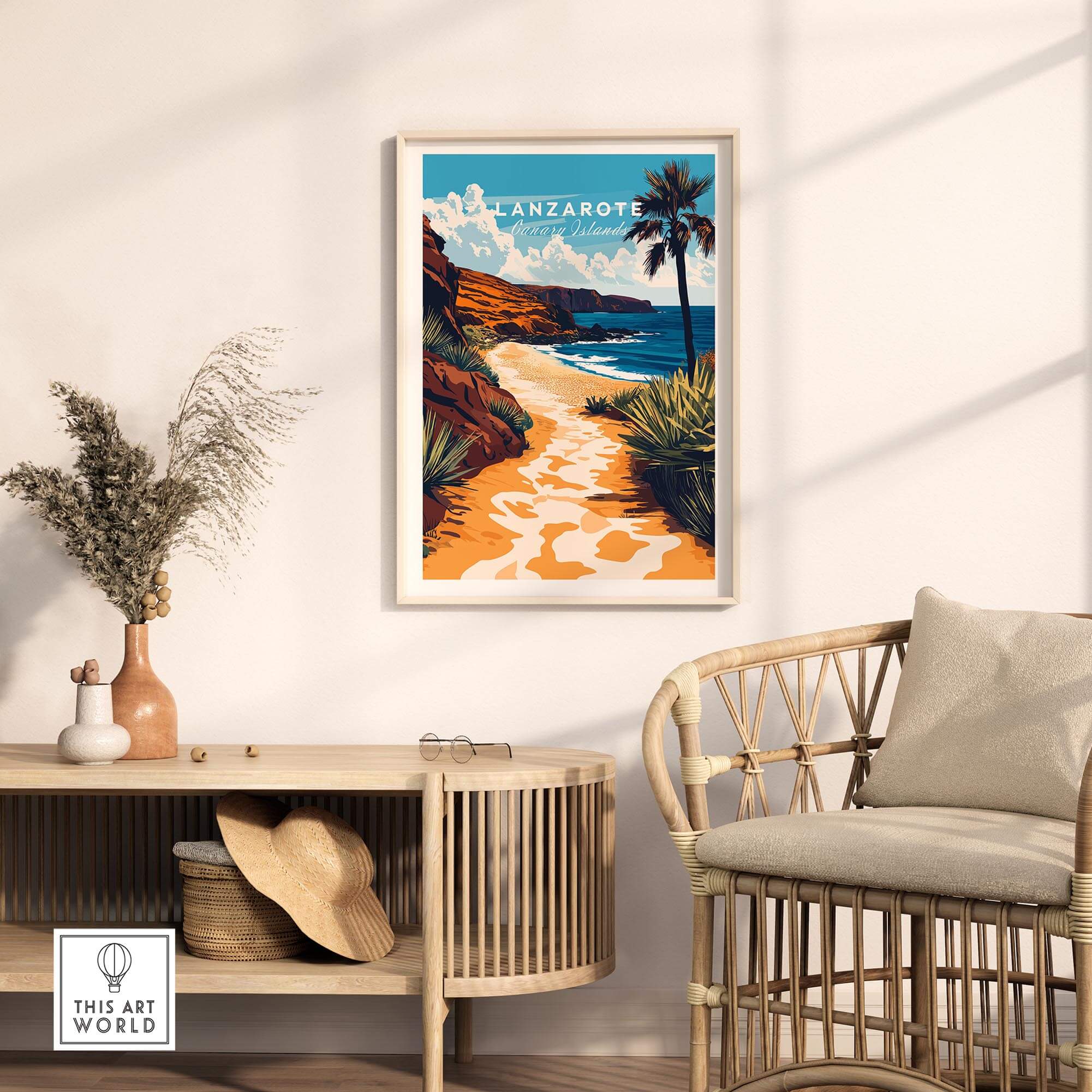 Lanzarote Canary Islands Spain Wall Art featuring a serene beach scene in a stylish interior setting.