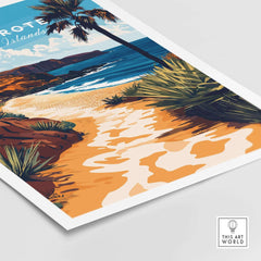 Lanzarote Canary Islands Spain Wall Art showcasing a serene beach scene with palm trees and sandy shores.